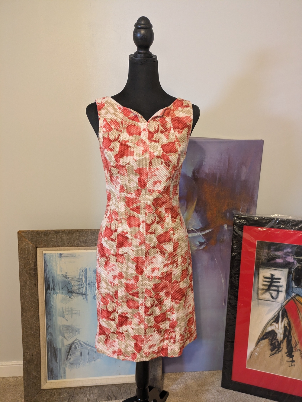 Talbots Red and Cream Textured Floral Sheath Dress Size 2P Midi Sleeveless